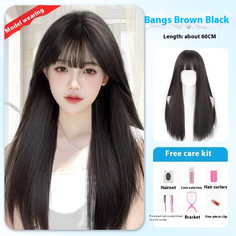 Jaulin Wig Women's Long Hair Forehead Lace Full-head Wig New Artificial Natural Mid-length Long Straight Hair Full Top Wig