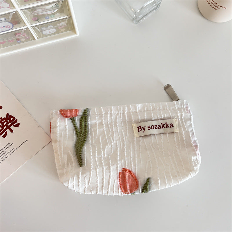 French Relief Flower Makeup Simple Portable Handbag Casual Mobile Phone Handheld Bag