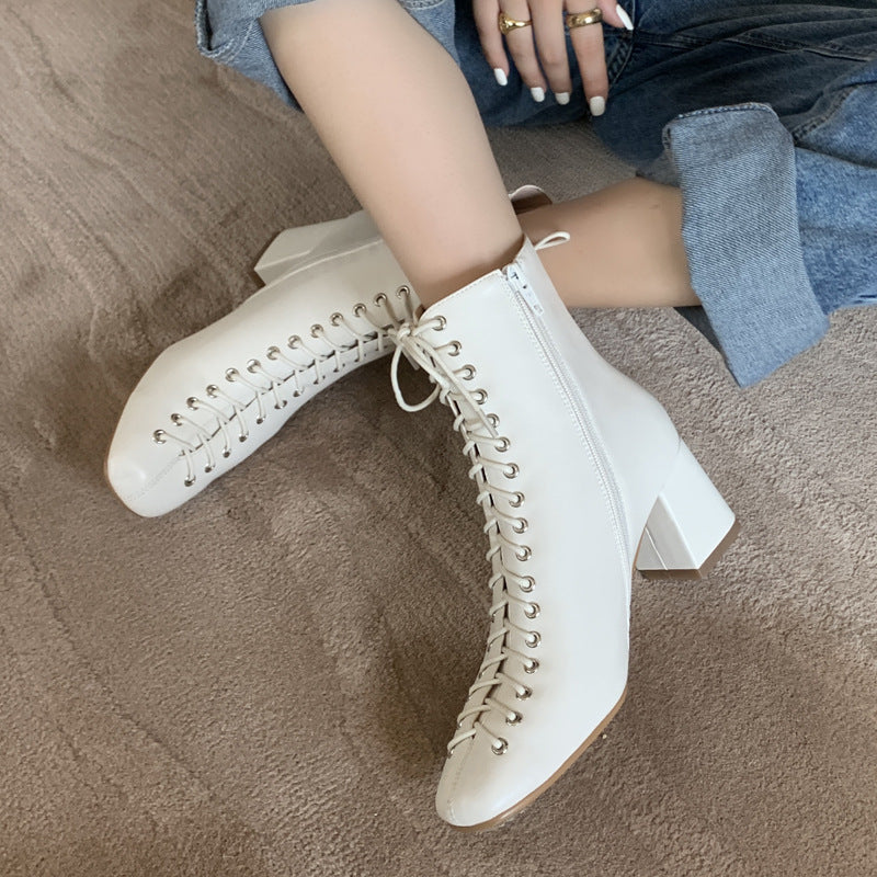 French Retro Romantic Style Lace-up Thick High-heeled Martin Boots