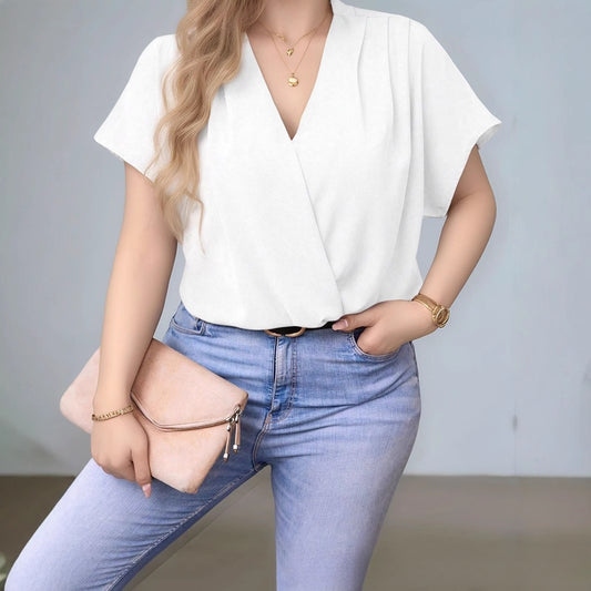 Solid Color V-neck Shirt Casual Short Sleeve Loose T-shirt