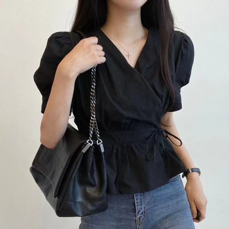 Simple Solid Color And V-neck Back Elastic Lace Waist Trimming Short Shirt For Women