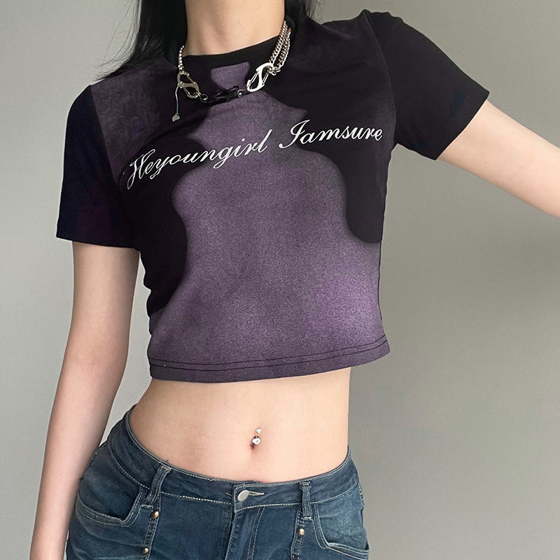 Abstract Face Print Color Contrast T-shirt Women's Slim Fit