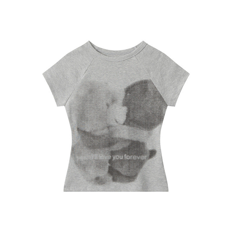 American Raglan Sleeve Bear Printed Slim-fit Short Sleeve
