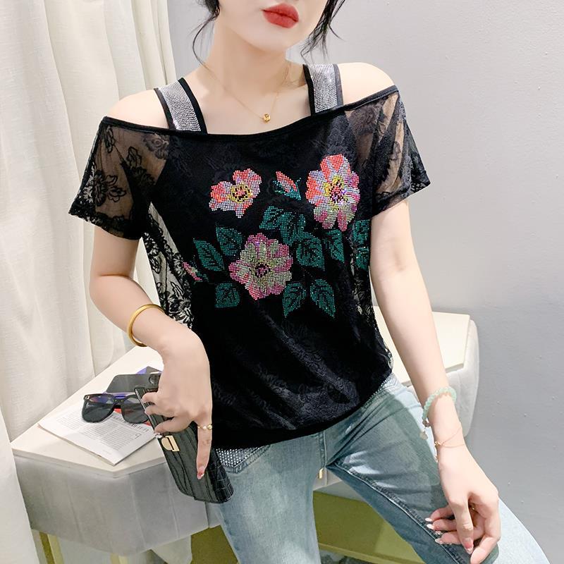 Lace Off-the-shoulder Rhinestone Top