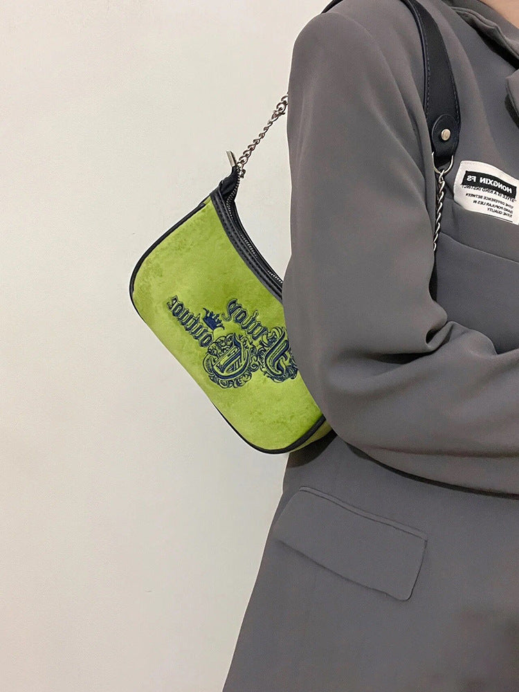Vintage Grass Embroidered Velvet Shoulder Handbag
