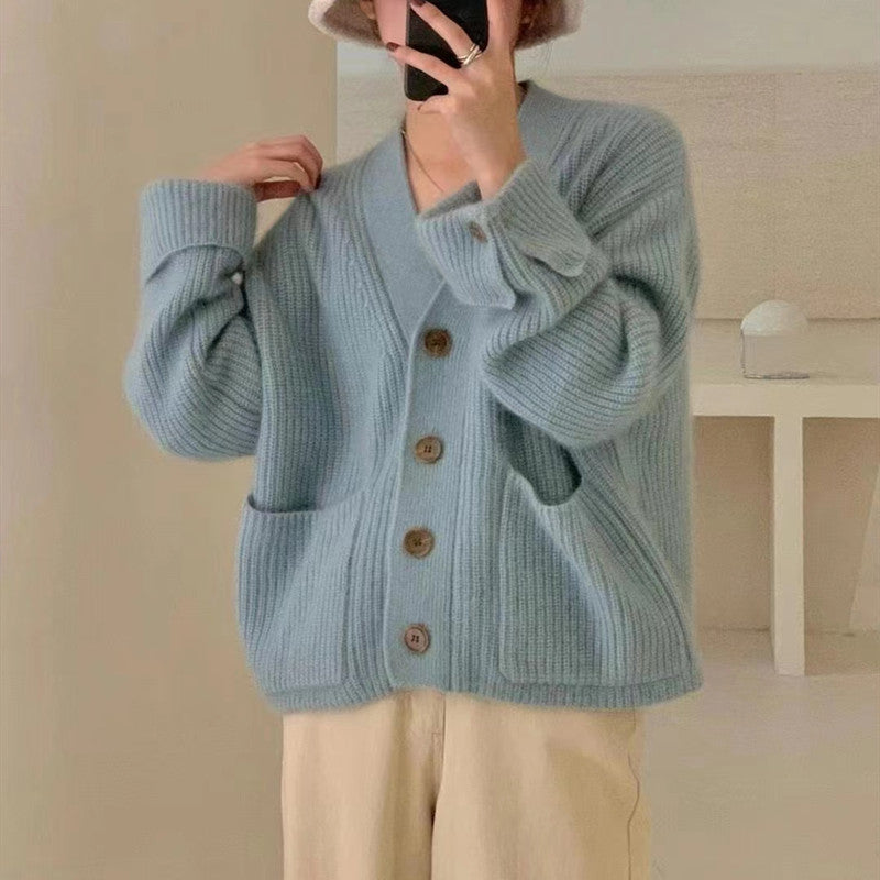 V-neck Soft Glutinous Sweater Single-breasted Loose Knitted Coat