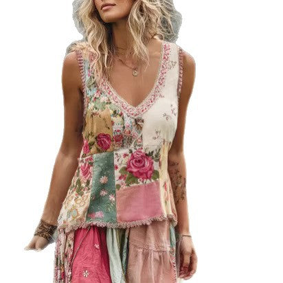New Womens V Neck Tank Top With A Botanical Floral Print