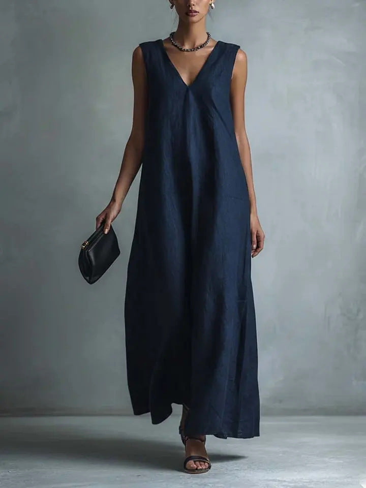 Women's Casual V-Neck Sleeveless Cotton-Linen Dress