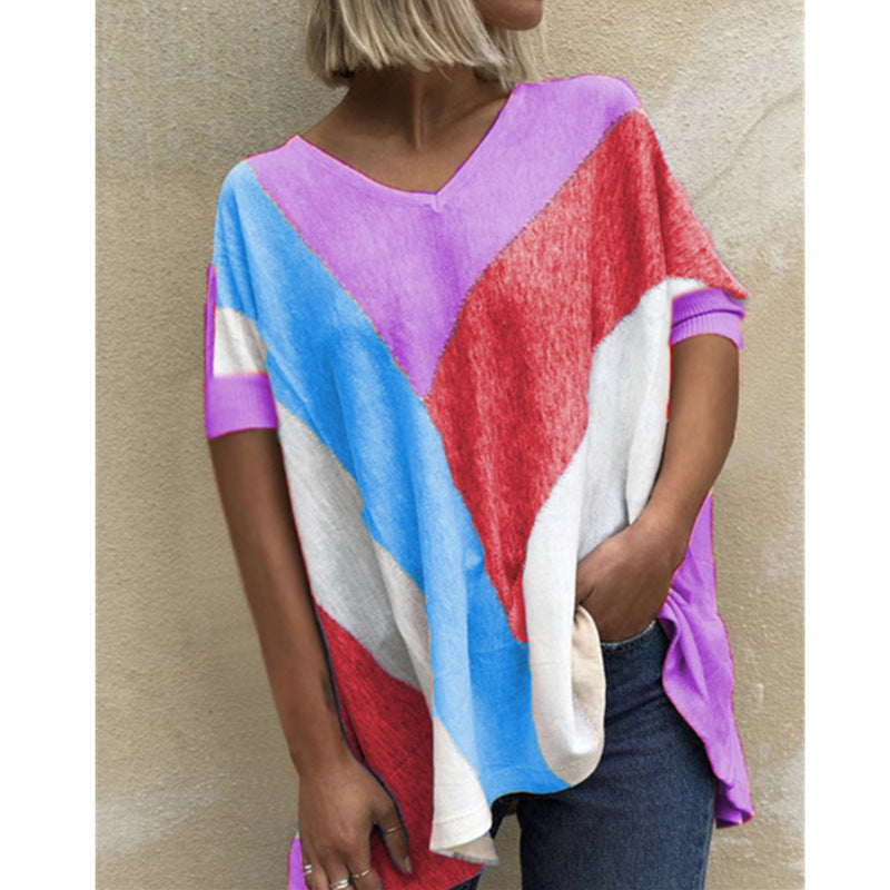 Women's V Neck Colorblock Print T Shirt Loose Casual Top
