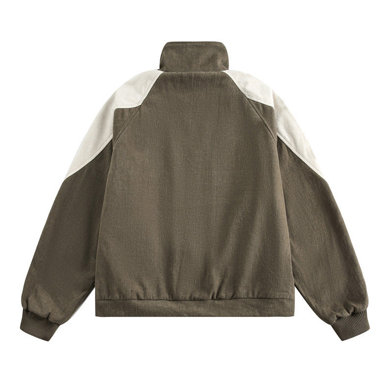 Street Fashion Color Contrast Patchwork Stand Collar Loose Jacket Men