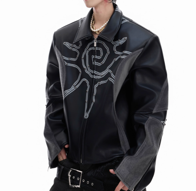 Deconstructing Horse Hair Stitching Jacket Rivet Totem Leather Coat Men