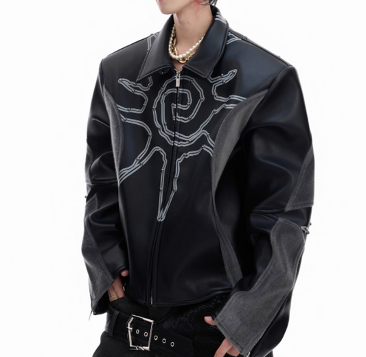 Deconstructing Horse Hair Stitching Jacket Rivet Totem Leather Coat Men