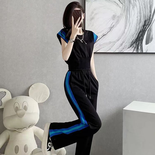 Women's Summer High-End Contrasting Color Short-Sleeve Top And High-Waist Wide-Leg Pants Two-Piece Set