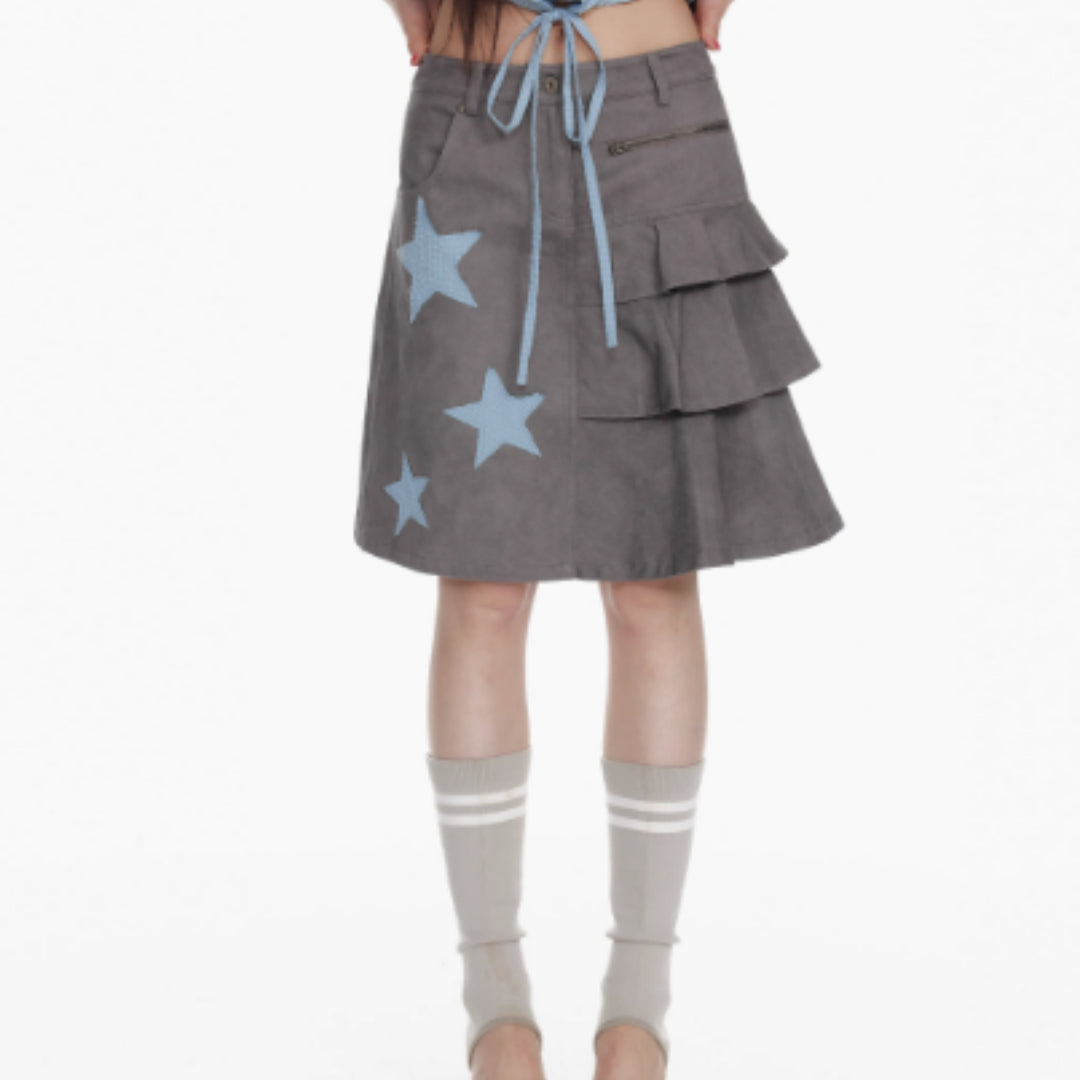 Bubble Gauze Plaid Patchwork Star Pleated Skirt For Women