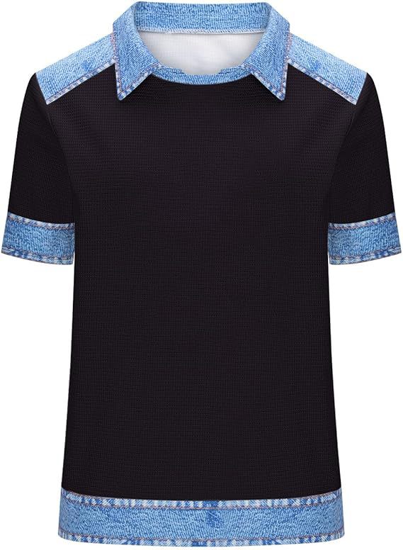 Denim Patchwork Crew Neck Short-sleeve Loose Casual Everyday Versatile