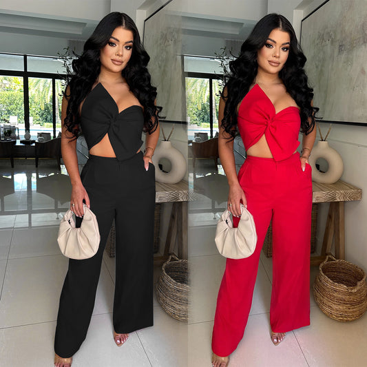 Women's Wear Sexy Bow Casual Trousers Two-piece Set New