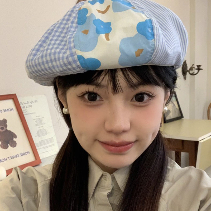 Japanese-style Blue Plaid Patchwork Beret