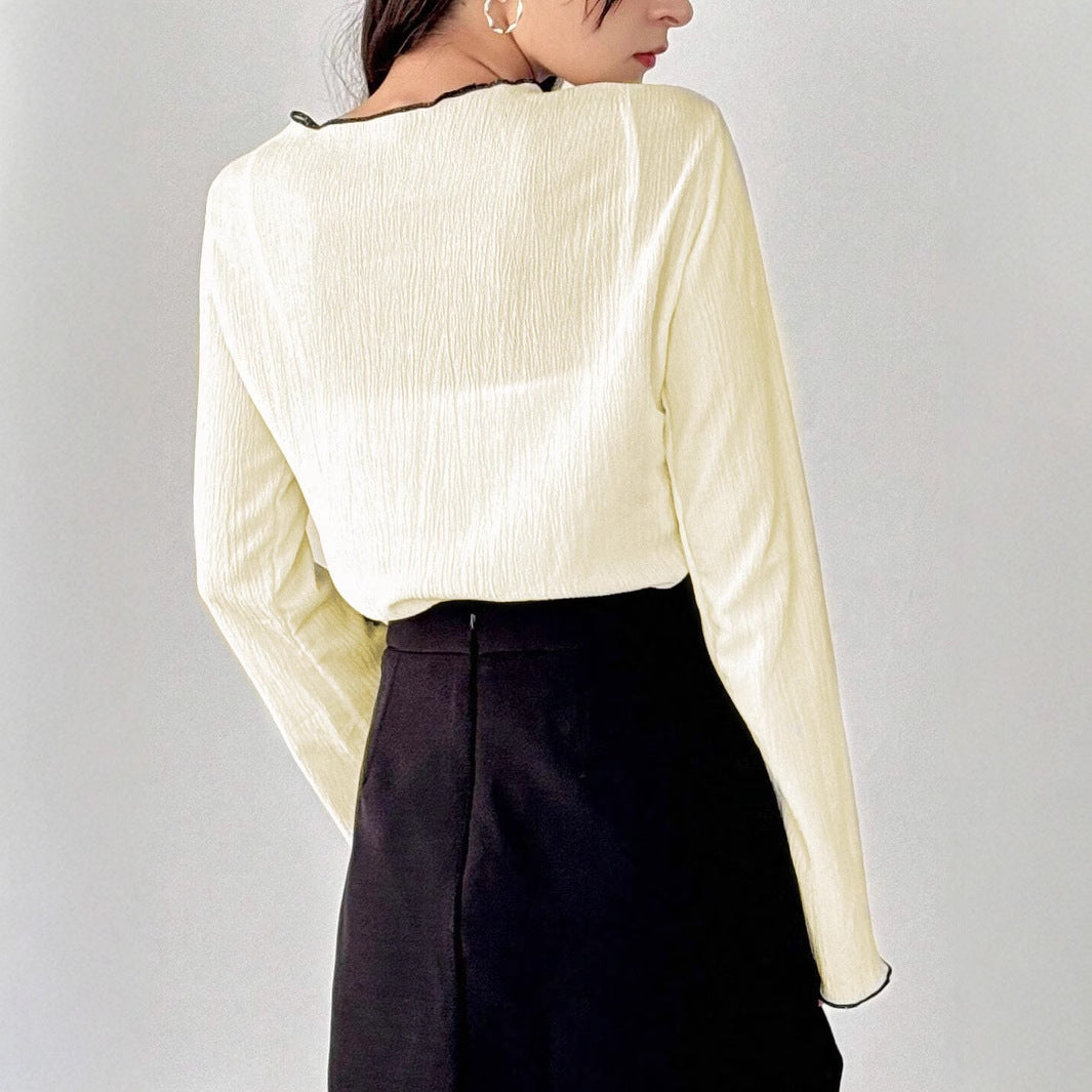 Dame, elegant farvekontrast syet langærmet T-shirt med rund hals