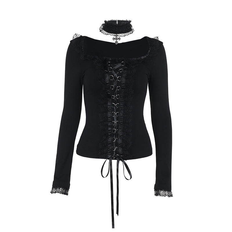 New Dark Temperament Buckle Lace Trim Autumn And Winter Inner Top