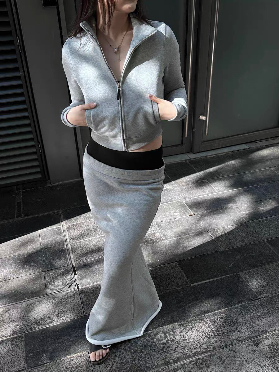 High Waist Slimming Walking Thread Double Waist Head Fleece Sweater Fishtail Long Skirt