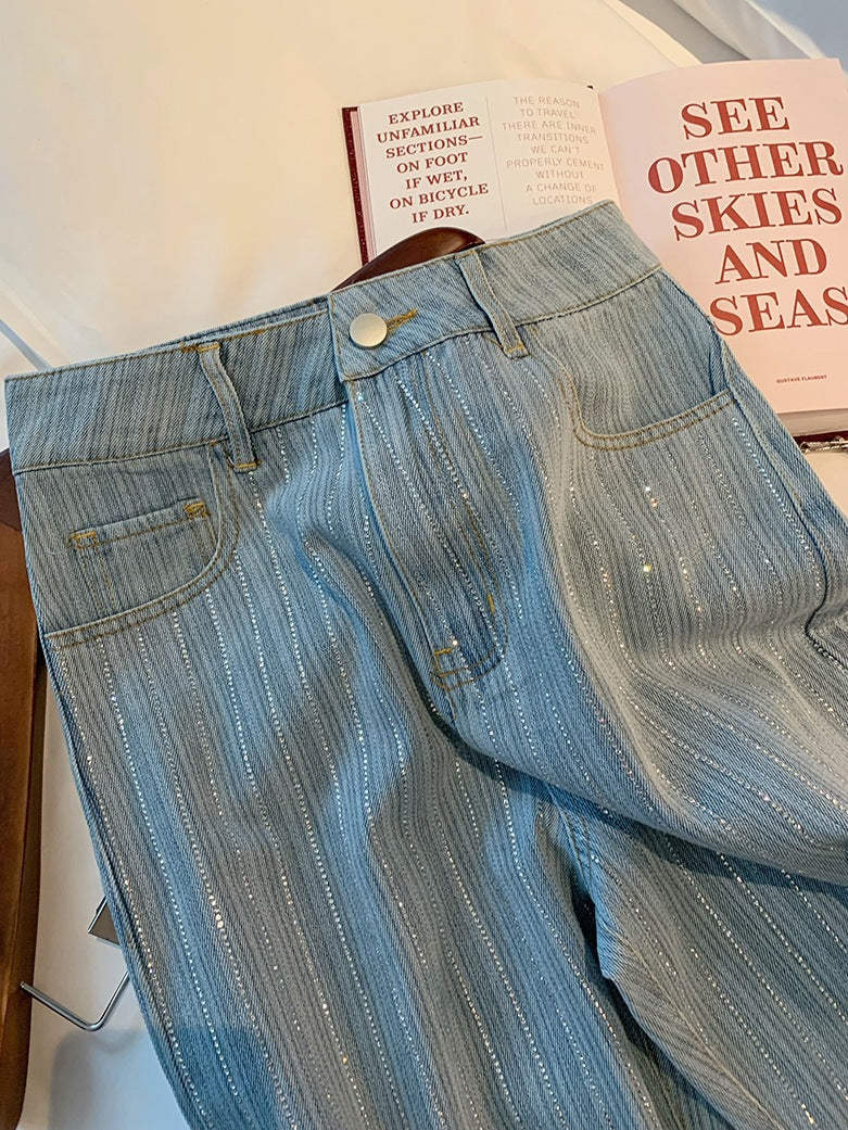 Light Blue Classic Style Rhinestone Straight Jeans