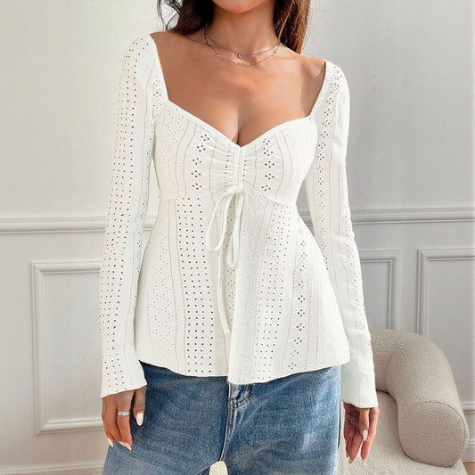 Winter New Elegant Women Solid Color U-neck Spliced Tie Lace Long Sleeve Top