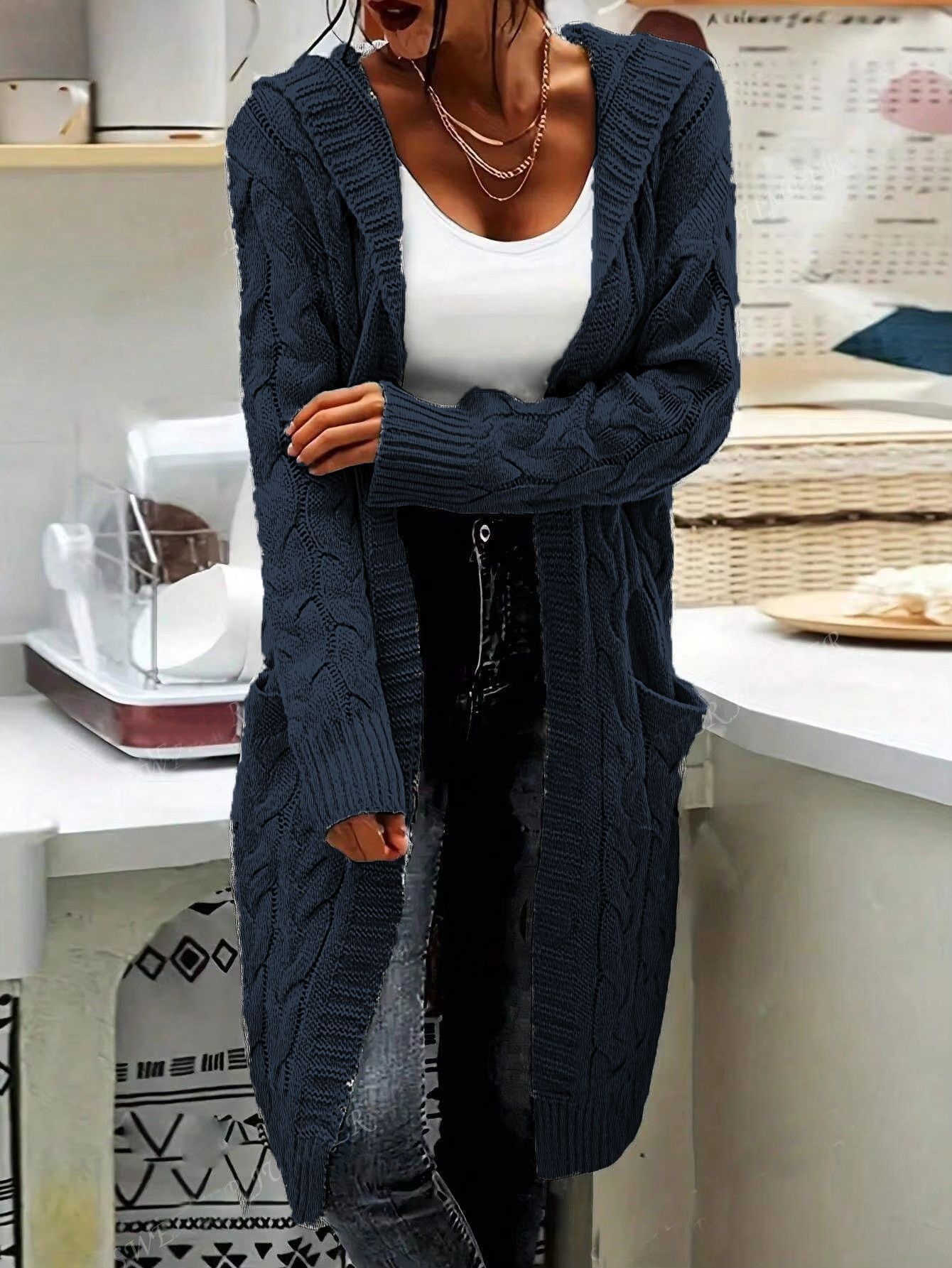 Long Knitted Plus-size Solid-color Sweater With Long Sleeves And Pockets