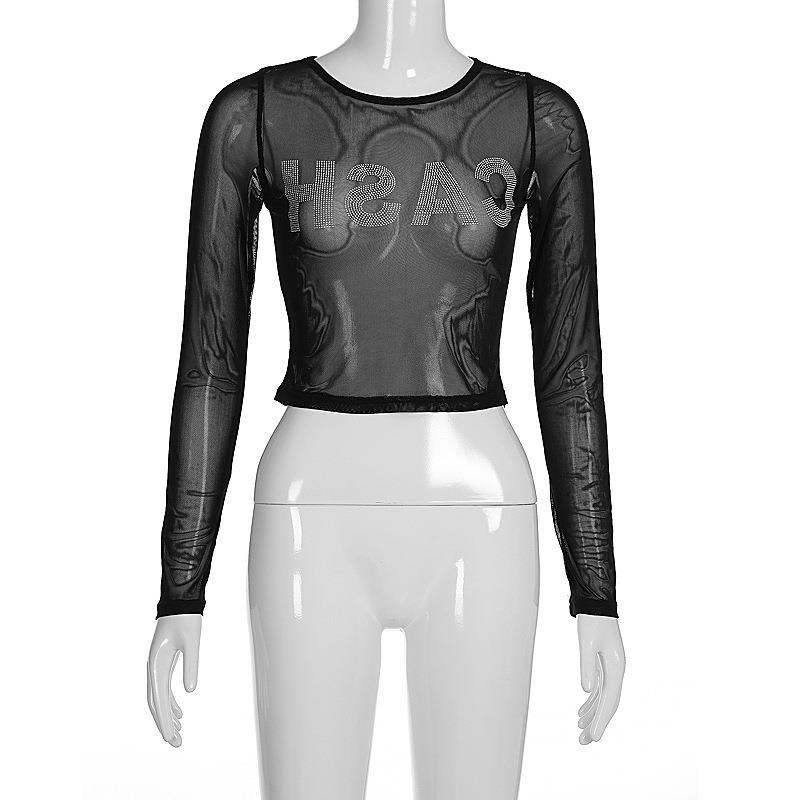 Summer Women's Cash Letter Crew Neck Mesh Long-sleeved T-shirt Top