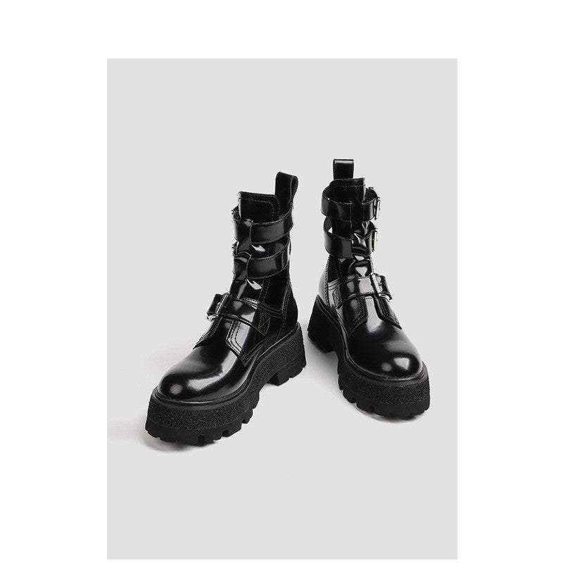 New Leather And Black Muffin Platform Hollow Boots