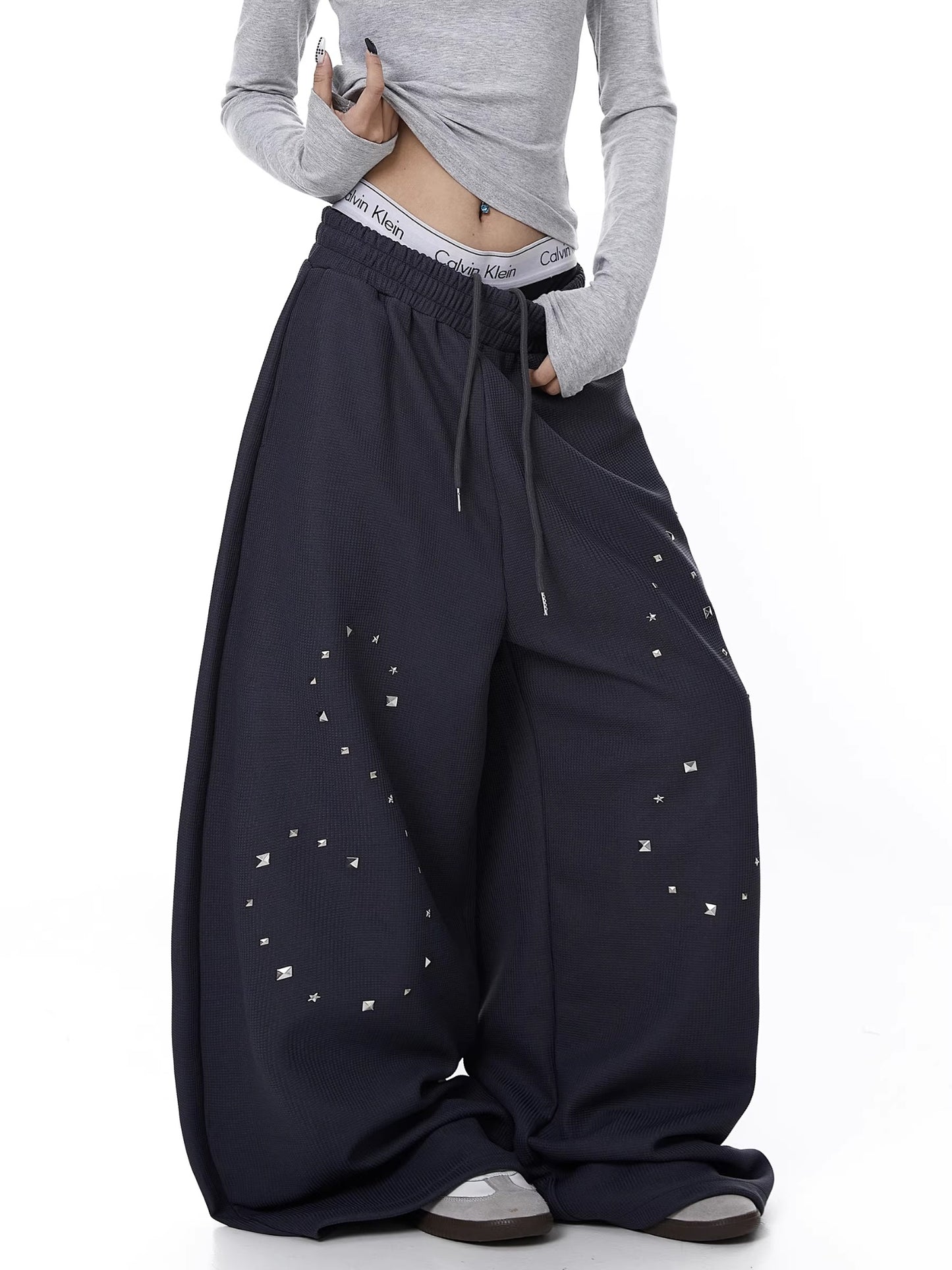 Womens American-Style Retro Heavy-Duty Rivet Straight Sweatpants