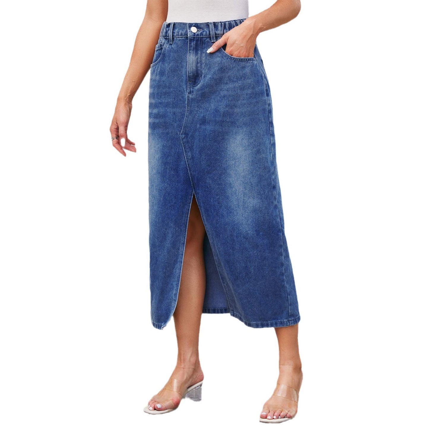Washed Elastic Waist Split Denim Midi Dress