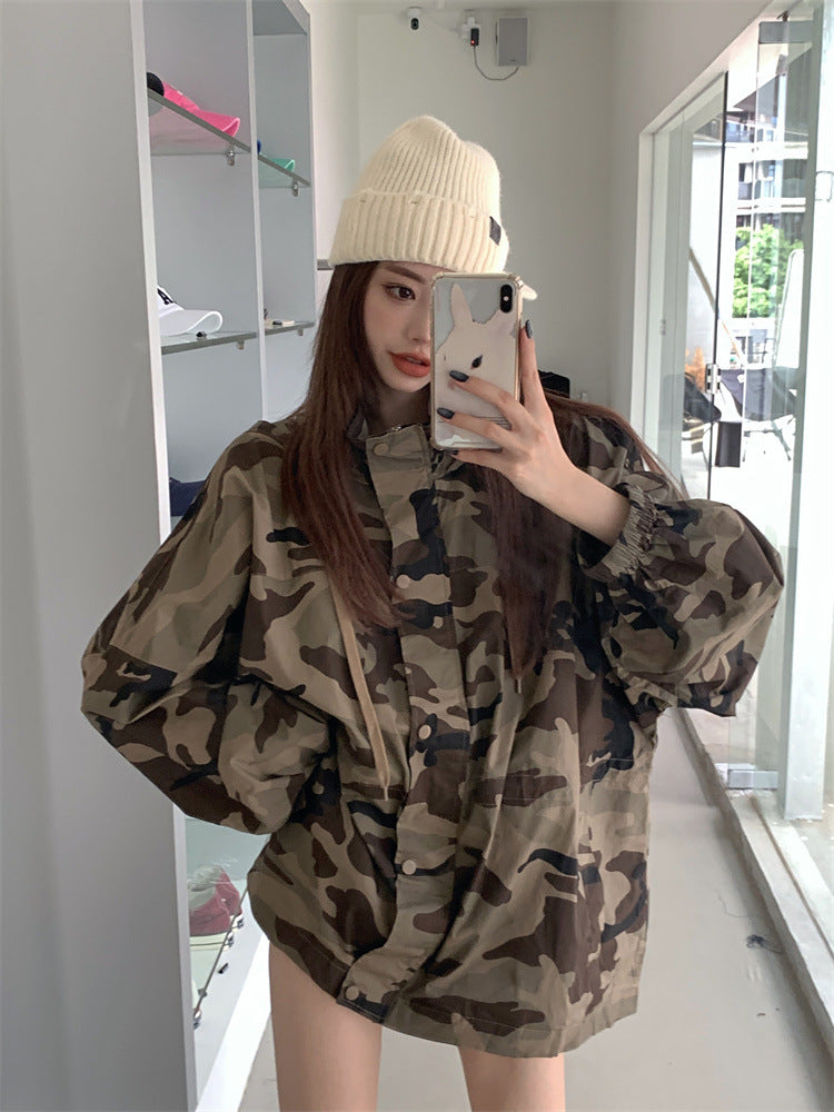 Women's Long Sleeve Zipper Camouflage Tooling Short Coat