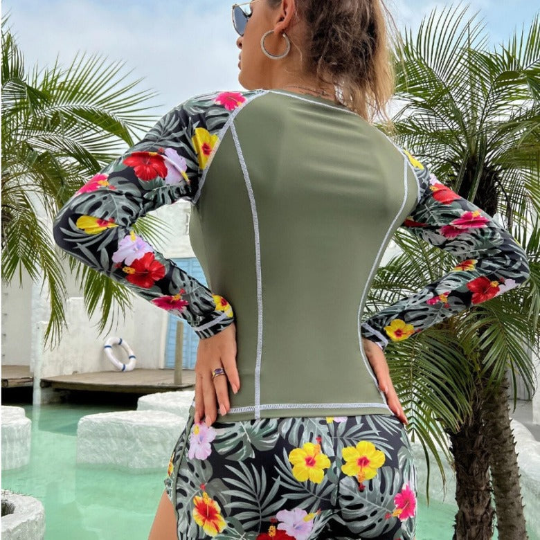 Printed Boxers Conservative Women's Long-sleeved Sunscreen Diving Suit Swimsuit