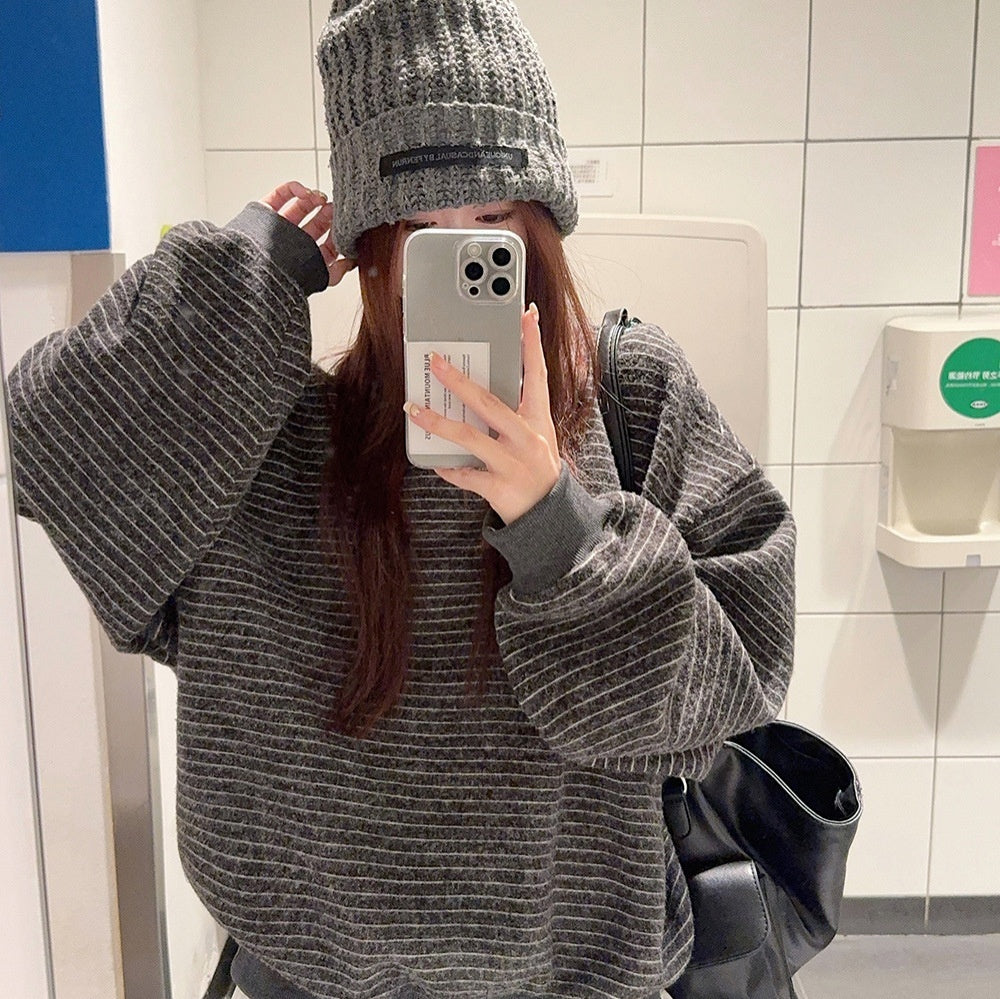 Women's High-grade Round Neck Sweater Vintage Stripe Loose Casual