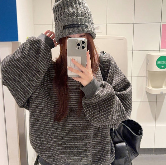 Women's High-grade Round Neck Sweater Vintage Stripe Loose Casual