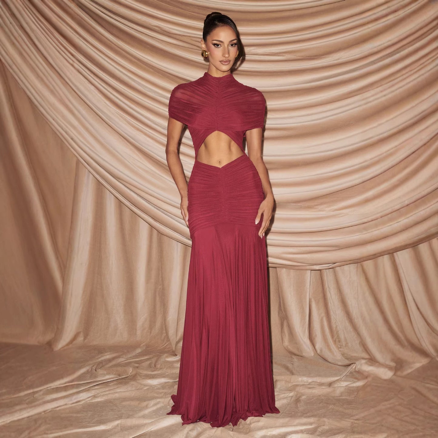 Pleated Cutout Figure-hugging Dress With A High Waist And 3D Detailing
