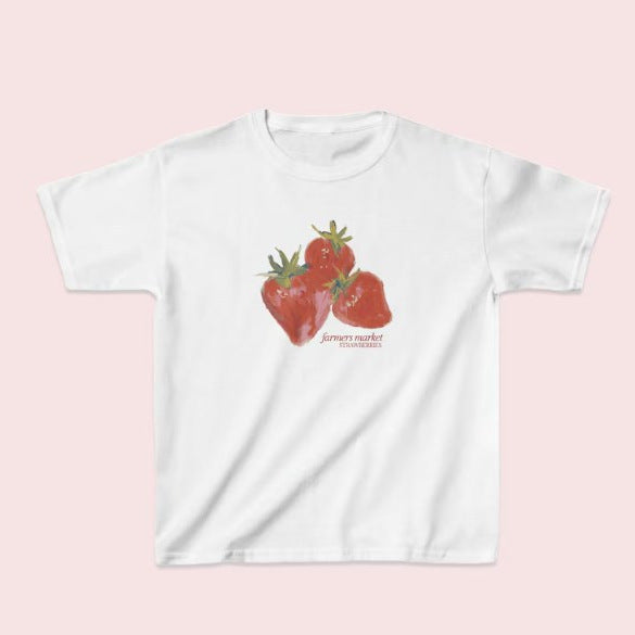 Kortærmet Street Casual T-shirt Top med Jordbærprint og Rund Hals