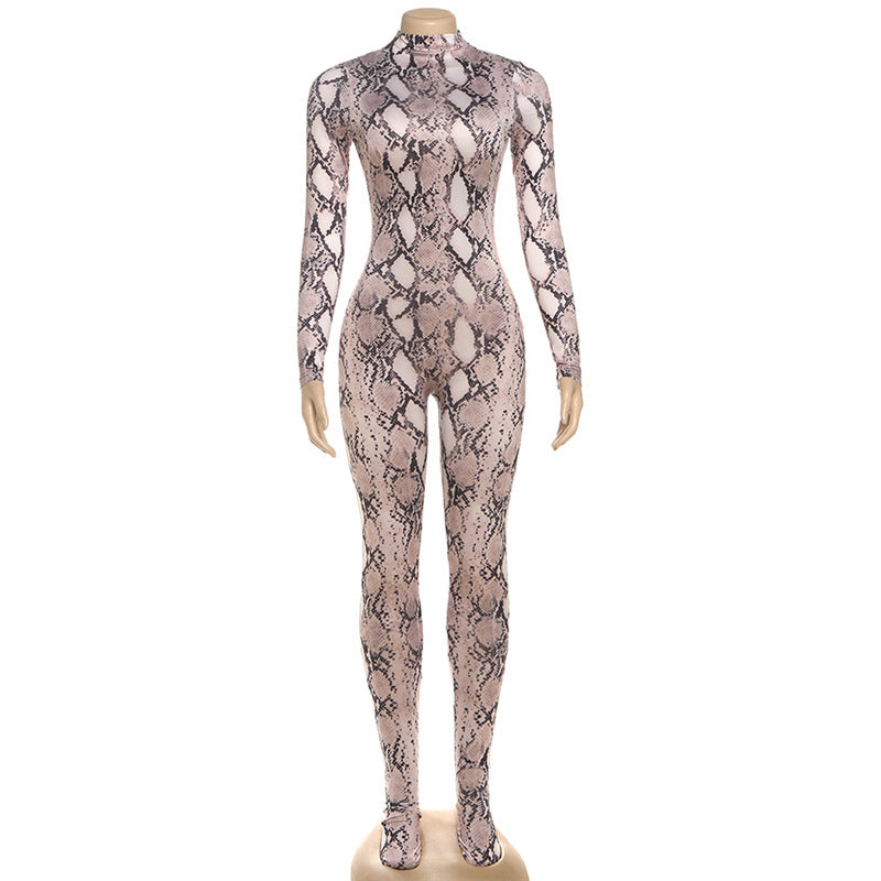 Print High-neck Long-sleeved Sexy High-waisted Slim Jumpsuit