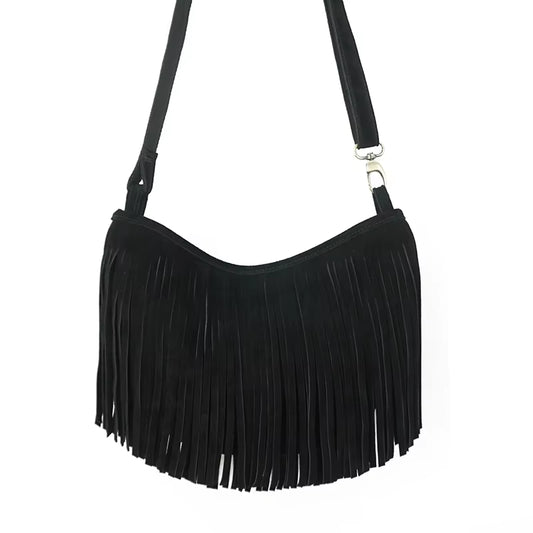 Women's Genuine Leather Suede Fringed Shoulder Bag - Fashionable Boho Chic Pouch for Street Style and Casual Outings