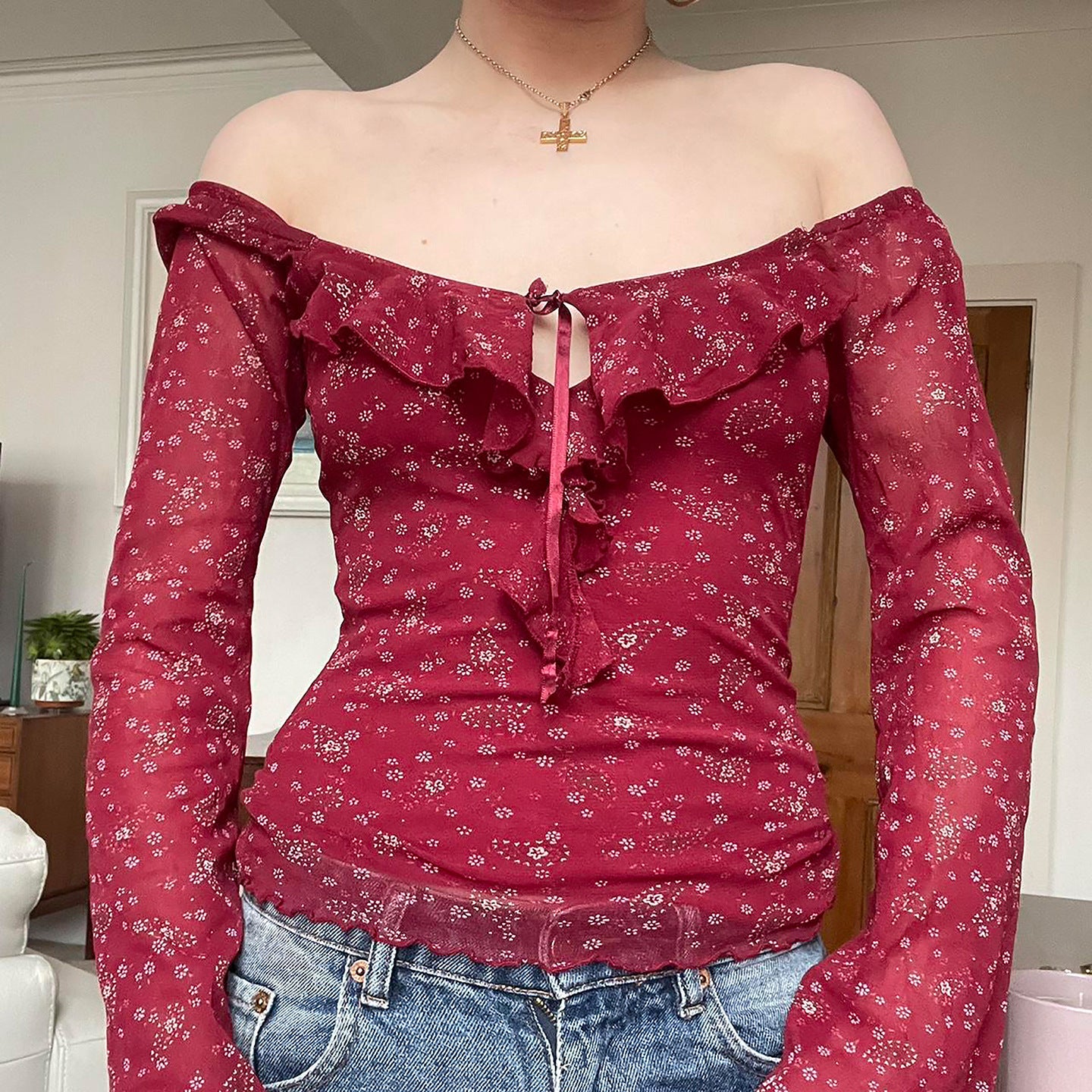 French Jacquard Square-neck Floral Ruffled Long-sleeve Top
