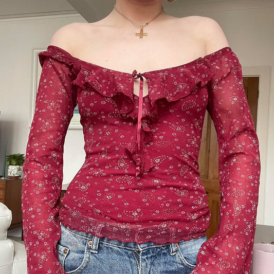 French Jacquard Square-neck Floral Ruffled Long-sleeve Top