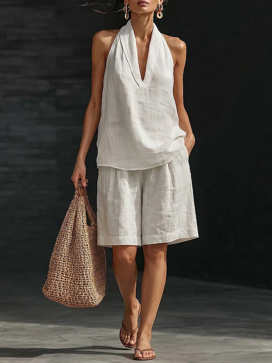 Cotton And Linen Casual Vest And Shorts Set For Women