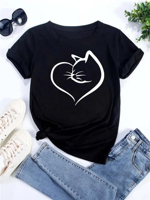 Womens Heart-Shaped Cat Crew-Neck Printed Short-Sleeve Top
