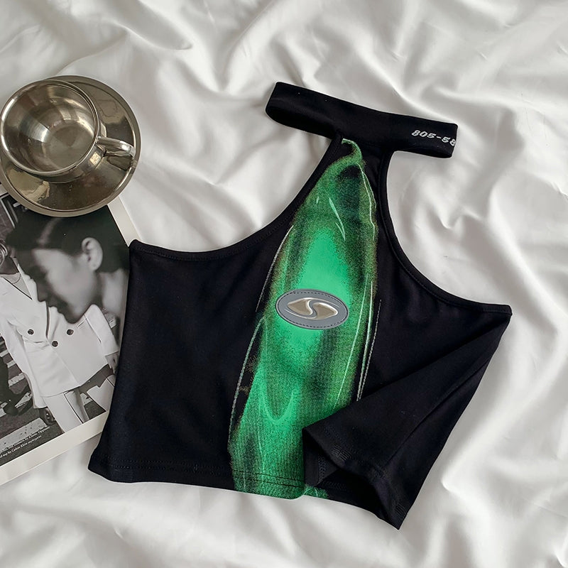 Off-Shoulder Halter Abstract Spice Crop Green Print Tank Top