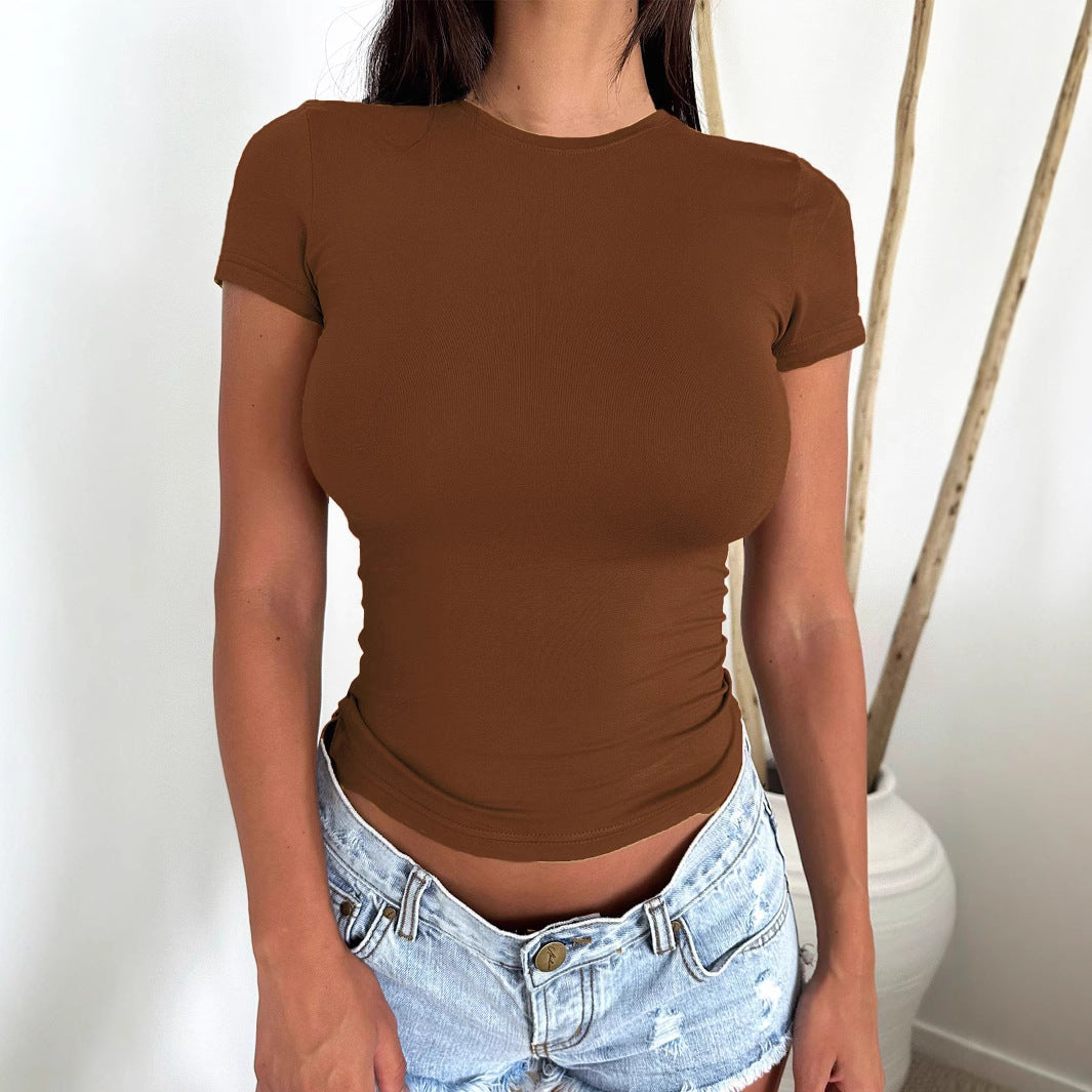 European And American Sexy Hot Girl Slim-fit Slimming Solid Color Short Sleeve