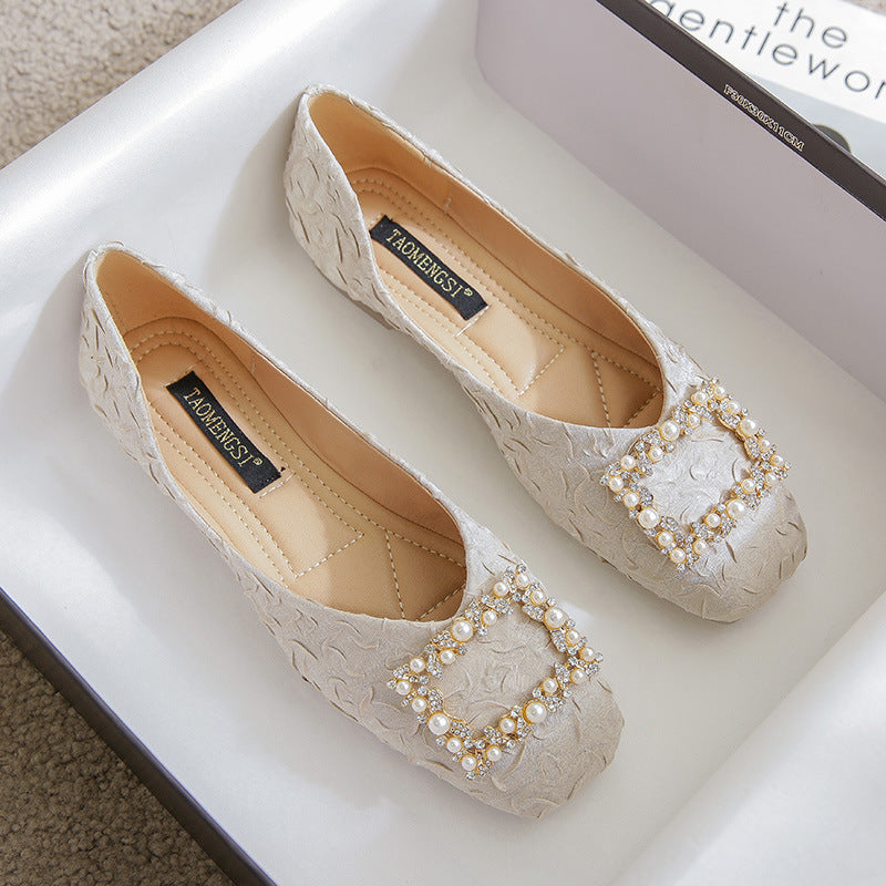Women's Flat Bottom Shallow Mouth Square Toe Soft Leather Shoes