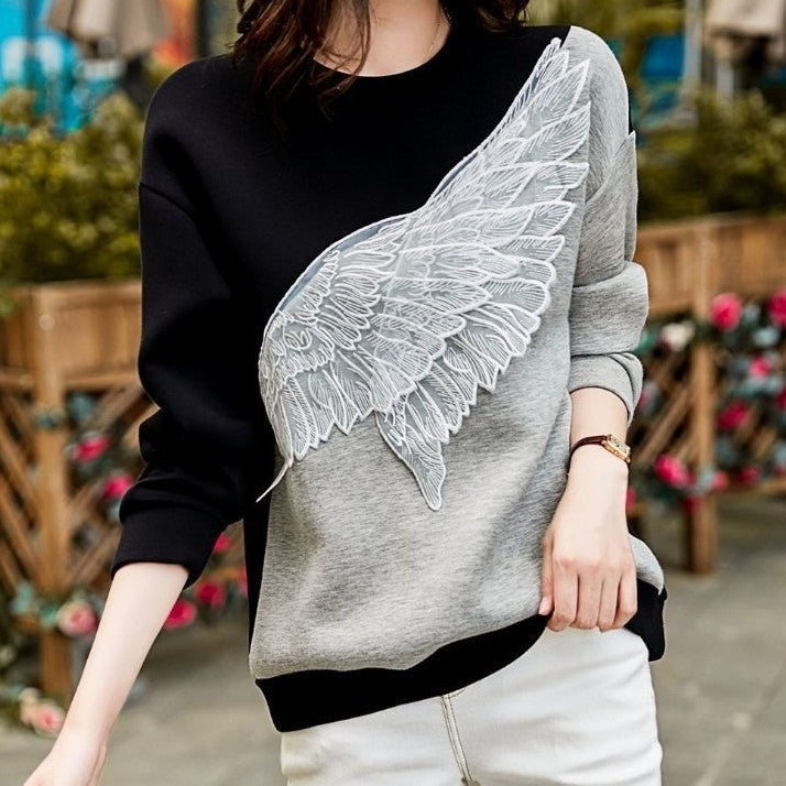Farvekontrast Patchwork Tredimensionelle Vinger Broderet Rundhalset Sweater