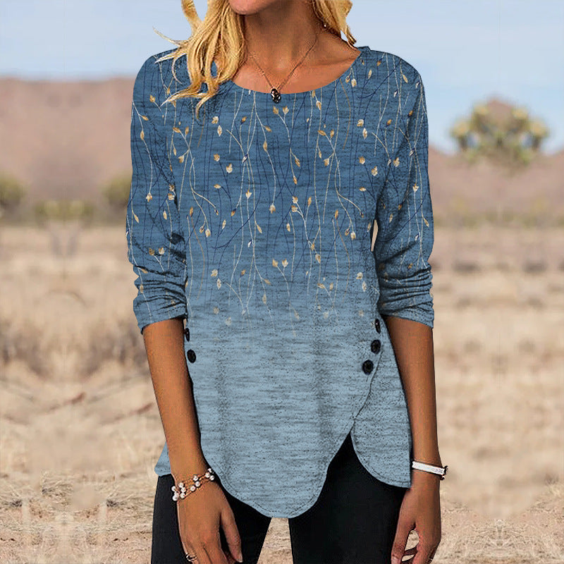 Digital Retro Printed Button Irregular Hem Round Neck Long Sleeve 3D