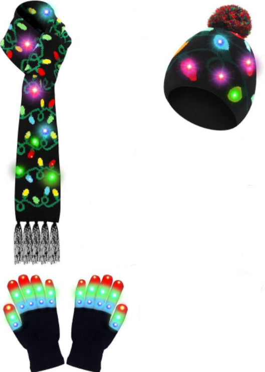 LED Christmas Knitted Hat Scarf Gloves Three-piece Set