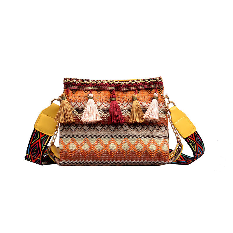 Ethnic Wide Shoulder Strap Fringed Crossbody Bag